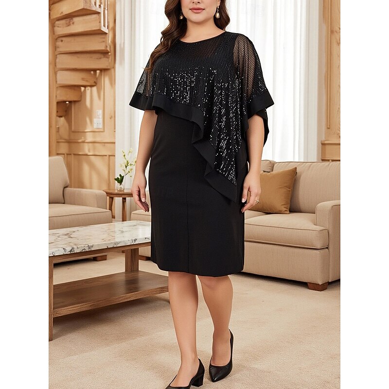 Sheath / Column Mother of the Bride Dress Black Dress Plus Size Sparkle & Shine Crew Neck Knee Length Chiffon Sequined Half Sleeve with Sequin4