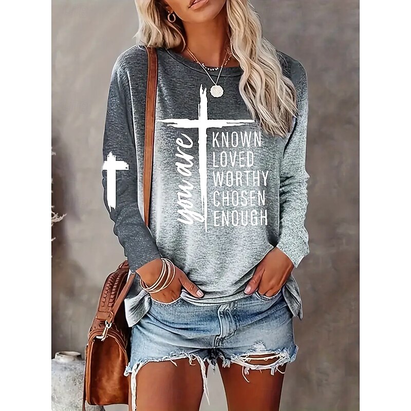 Women's T Shirt Graphic Gradient Letter Vintage Stylish Classic Long Sleeve Crew Neck Regular Tops Daily Print Light Brown Purple Gray Light Blue Spring Fall Winter4