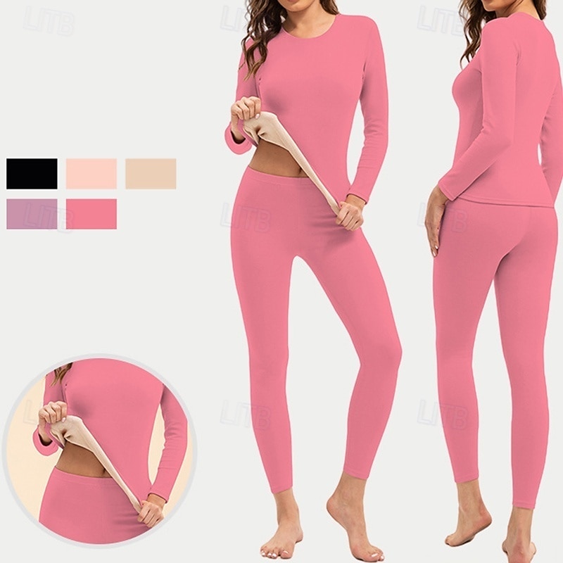 Women's Cold Weather Top Bottom Base Layer Top & Bottom Thermal Underwear Set Winter Thick Solid Color Clothing Suit rice white Dark Pink Gym Pilates Yoga Warm Long Sleeve Sport Activewear Tight Fit