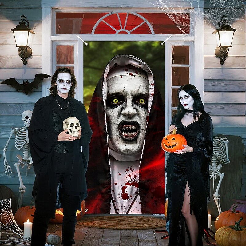 Halloween Tapestry Door Cover Outdoor Banners Nun 3D Dark Punk Gothic Style Party Dorm Teens Room College Dorm Guys Man Cave Frat Bedroom Shooting Backgrounds Home Decor