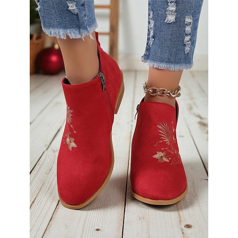 Women's Red Ankle Boots – Faux Suede Embroidered Zipper Low Heel Booties for Christmas, Parties and Casual Style3