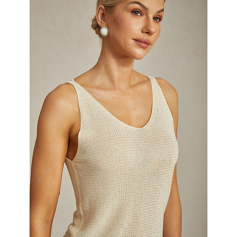Women's Camisole Tank Top Elegant Party Sleeveless V Neck Regular Tops Wedding Guest Party Evening Wear Rivet Glitter Beaded Champagne Summer Spring Fall2