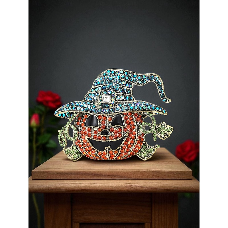 Women's Halloween Pumpkin Witch Hat Brooch - Sparkly Rhinestone Pin Badge for Costume Party and Festive Accessories2