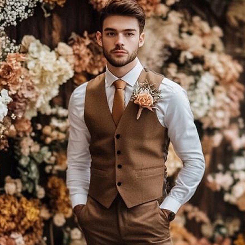 Men's Wedding Business Party Suits Notch Lapel Brown Daily Formal Solid Colored Tailored Fit 2 Piece3