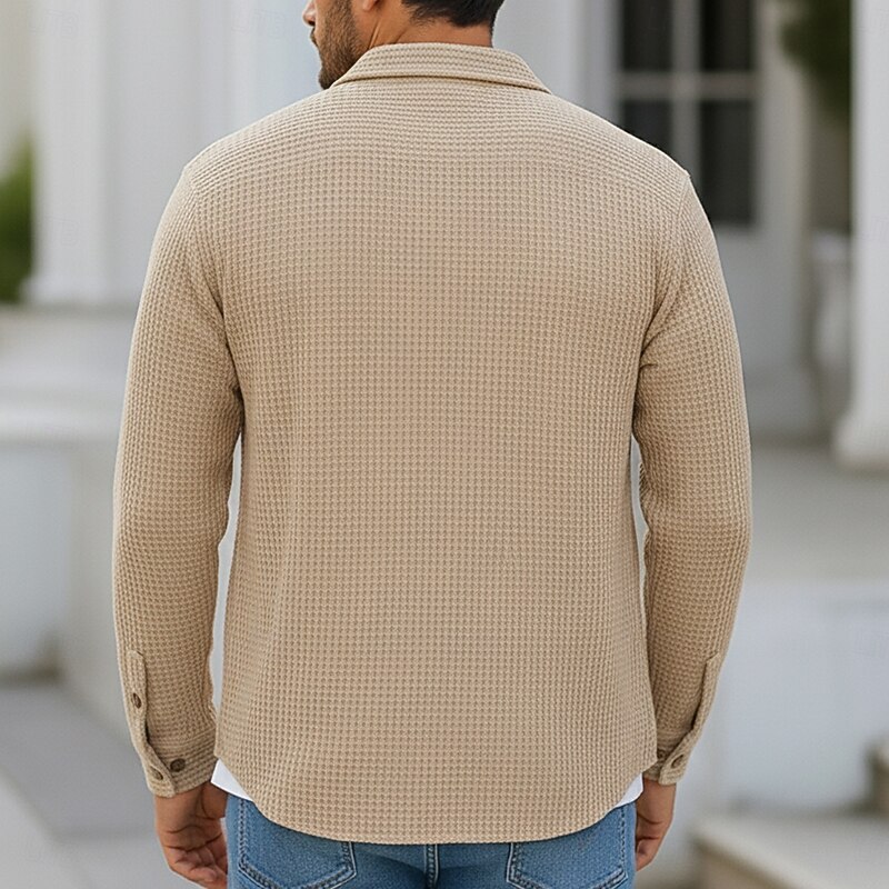 Men's Shirt Waffle Shirt Summer Shirt Casual Shirt Button Up Shirt Black Burgundy Blue Green khaki Long Sleeve Plain Textured Lapel Vacation Casual Pocket Clothing Apparel Fashion Casual Comfortable2