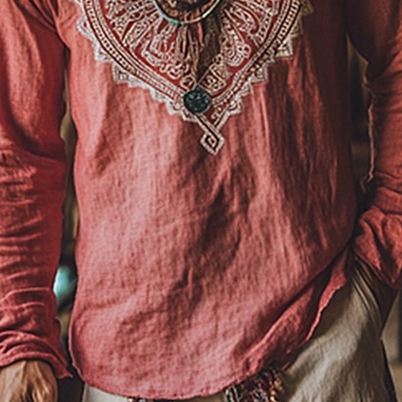 Men's Linen Shirt Summer Shirt Vintage Shirt Ethnic Shirt Long Sleeve Shirt Embroidered Vacation Street Red Long Sleeve V Neck Summer Spring Clothing Apparel Medieval Knight3