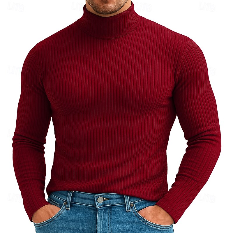 Men's T Shirt Ribbed Knit tee Tee Top Long Sleeve Shirt Long Sleeve Turtleneck Spring Fall All Seasons Plain Fashion Designer Basic Knitting Vacation Street Casual Green Red Top Tee for Men3