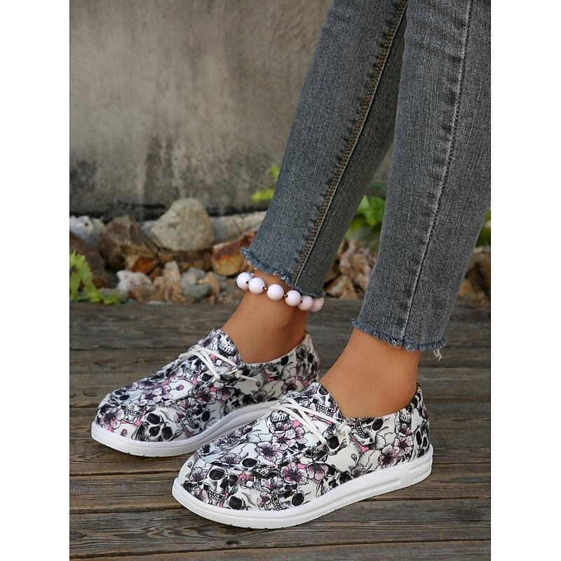Women's Halloween Skull Print Casual Sneakers- Comfortable Lace-Up Walking Shoes with Floral Pattern for Party and Holiday Outfits3