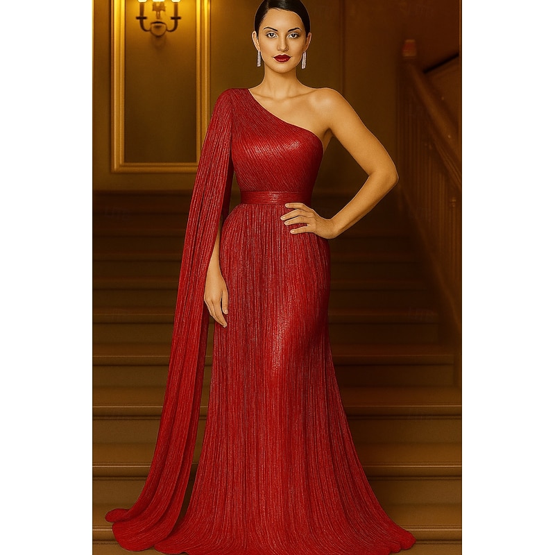 Gold Black A-Line Evening Gown Elegant Formal Dress Formal Wedding Floor Length Short Sleeve One Shoulder Capes Sequined with Glitter Pleats 20253