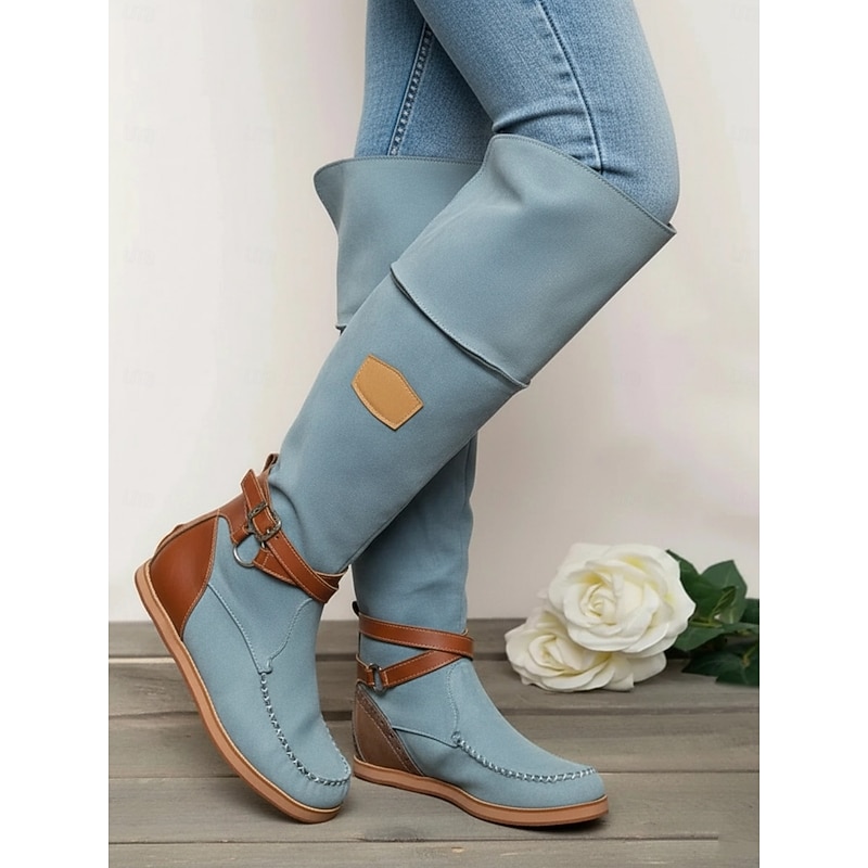 Women's Suede Knee-High Boots with Wedge Heel and Buckle Strap - Bohemian Style Casual Boots in Denim Blue