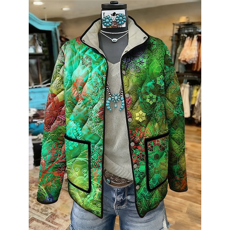 Women's Winter Jacket Quilted Jacket Warm Lightweight Patchwork Print Active Vintage Cute Artistic Floral Casual Regular Stand Collar Regular Fit Long Sleeve Outerwear Blue Purple Green Fall Winter3