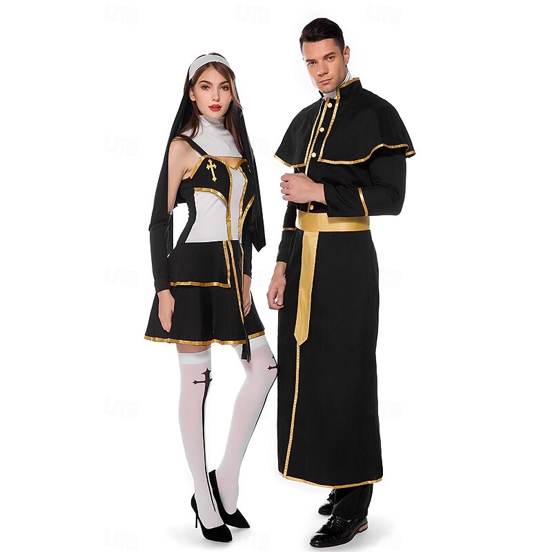 Nun Priest Halloween Dress Fancy Costume Couples' Costumes Religious Cosplay Adults' Women's Halloween Carnival Performance Party Easy Halloween Costumes Dress Up3