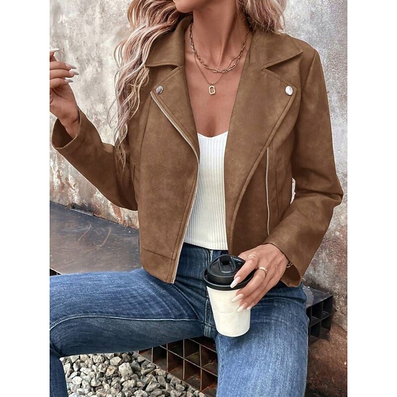 Women's Casual Jacket Comfortable Breathable Zipper Casual Plain Vacation Street Casual Daily Wear Zipper Short Turndown Regular Fit Long Sleeve Outerwear Pink Fuchsia Brown Spring Fall4