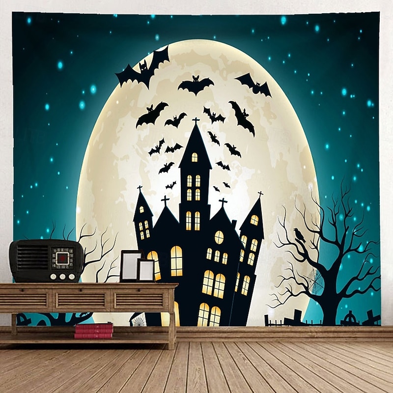 Halloween Castle Tapestry Hanging Fabric Wall Banner Peach Velvet Moonlit Night Haunted Castle Bats Flying Bare Trees Bedroom Living Room Party Decoration