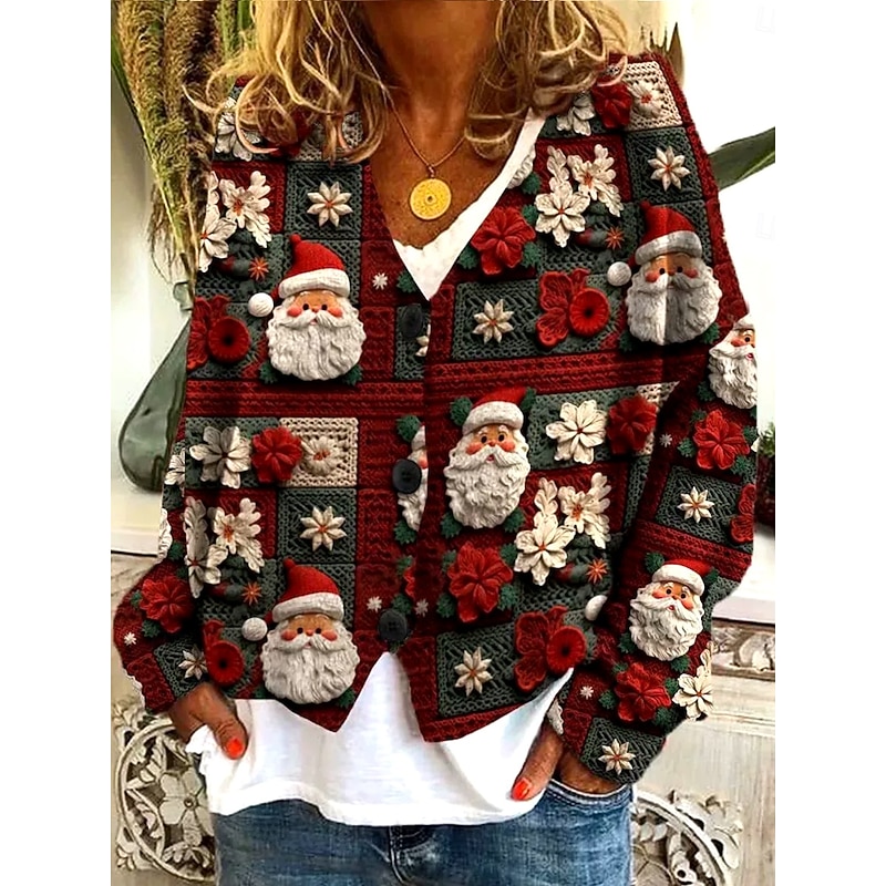 Women's Sweater Cardigan Elegant Vintage Fashion Floral Tree Santa Claus Crew Neck V Neck Pocket Knitted Print Long Sleeve Regular Tops Knit Outdoor Daily Weekend Wine Red Red Fall Winter