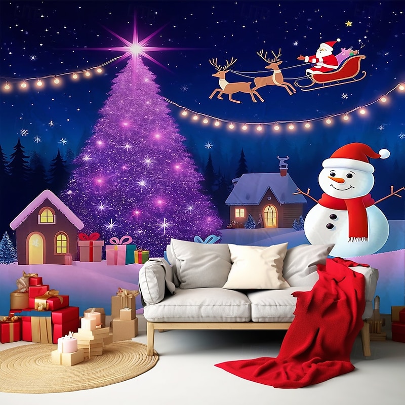 Chrismas Hanging Tapestry Christmas Tree Santa Claus Reindeer Neon Lights Large Wall Art Mural Decor Blanket Curtain Holiday Home Bedroom Living Room Festive Seasonal Party Celebration Decoration3