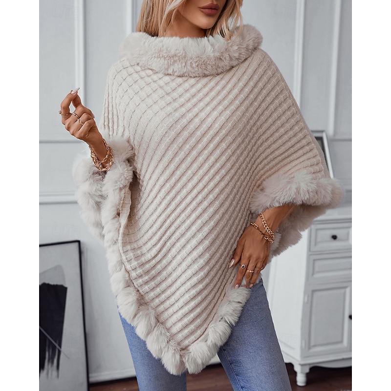 Women's Sweater Shrug Elegant Fashion Streetwear Solid Color Ribbed Turtleneck Knitted Asymmetric Hem Faux Fur Trim Half Sleeve Regular Tops Knit Outdoor Daily Weekend Wine Red Black Fall Winter