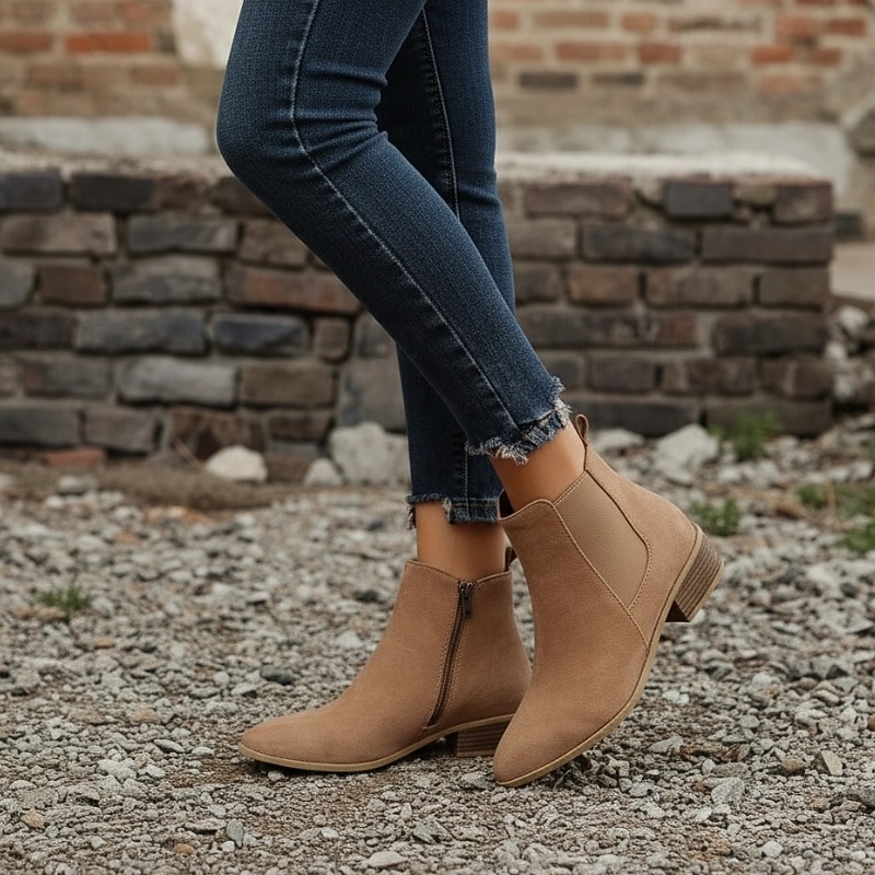 Women's Suede Chelsea Ankle Boots with Side Zipper, Low Block Heel Slip-On Short Boots for Casual Fall Outfits, Outdoor Walking and Daily Wear