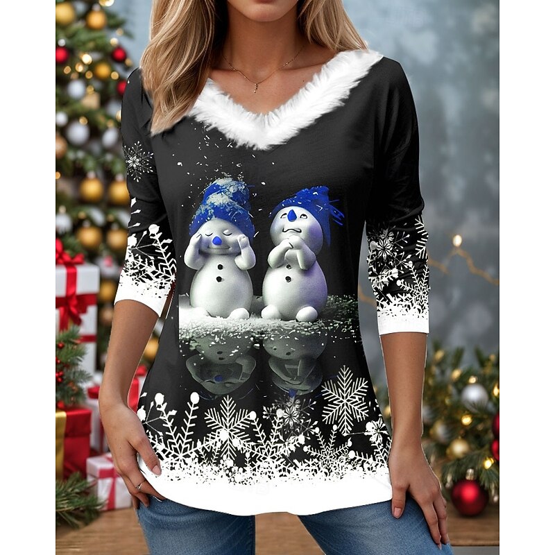 Christmas Women's T Shirt Graphic Snowflake Vintage Stylish Classic Long Sleeve V Neck Regular Tops Daily Patchwork Print Wine Blue Green Fall Winter2
