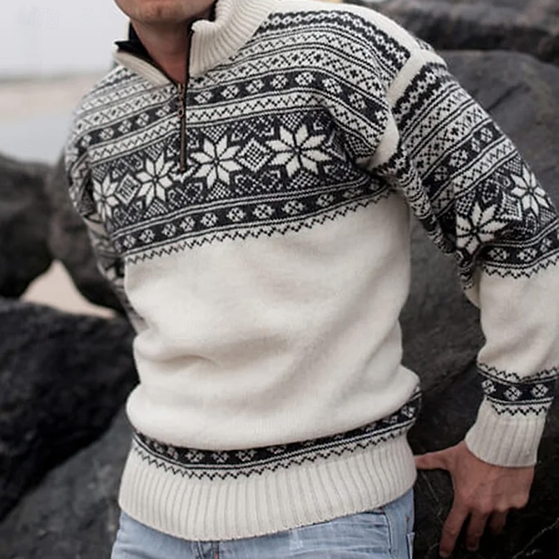 Men's Geometric Snowflake Fair Isle Sweater Zip Sweater Sweater Polo Zip Collar Casual Vacation Home Daily Zipper Knitting Keep Warm Long Sleeve Fall Winter White Dark Gray Gray