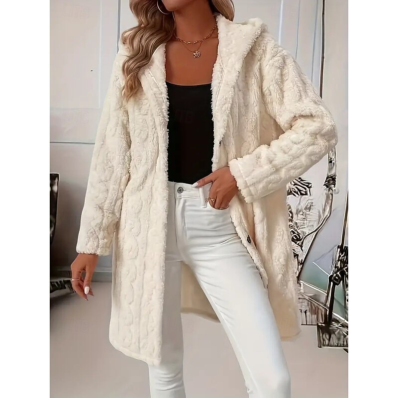 Women's Sherpa Jacket Comfortable Breathable Jacquard Elegant Casual Plain Vacation Street Casual Daily Wear Single Breasted Long Hooded Regular Fit Long Sleeve Outerwear Beige Spring Fall3