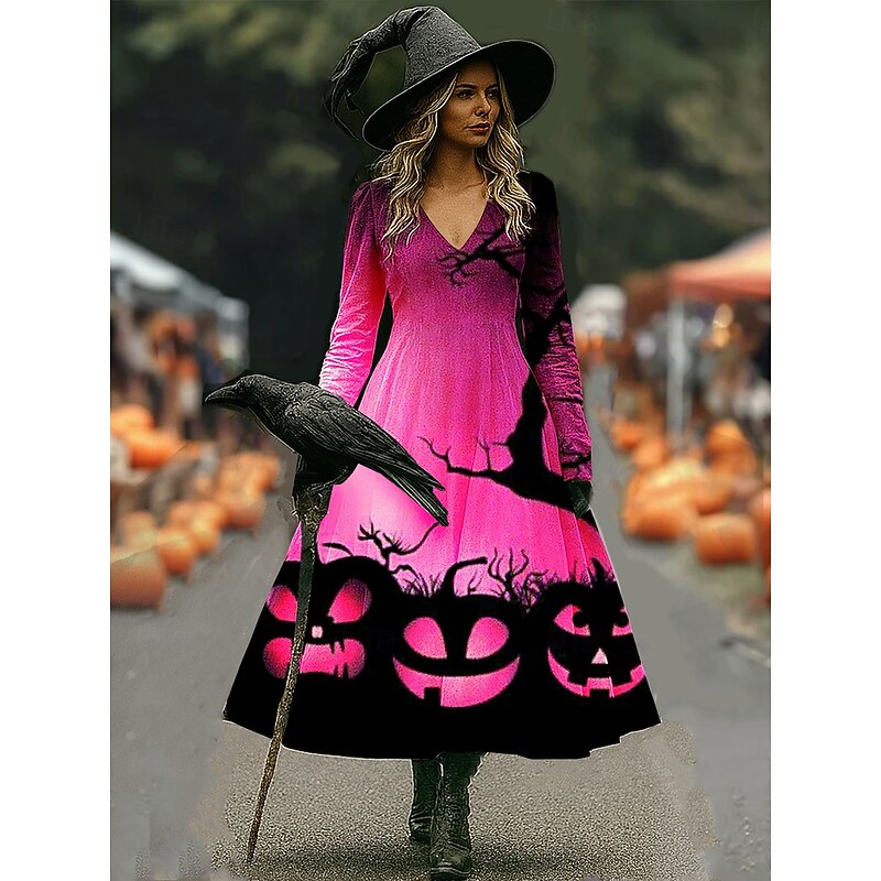 Halloween Women's Witch Print Midi Dress A Line Dress Vacation Casual Wedding Party Birthday Regular Fit Graphic 3/4 Length Sleeve V Neck Pink Blue Orange Spring Fall