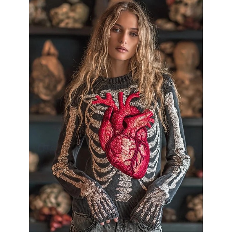 Halloween Women's Sweater Skeleton  Cute Streetwear Casual Graphic Skeleton Crew Neck Patchwork Knitted Long Sleeve Regular Tops KnitBlack Red Fall Winter