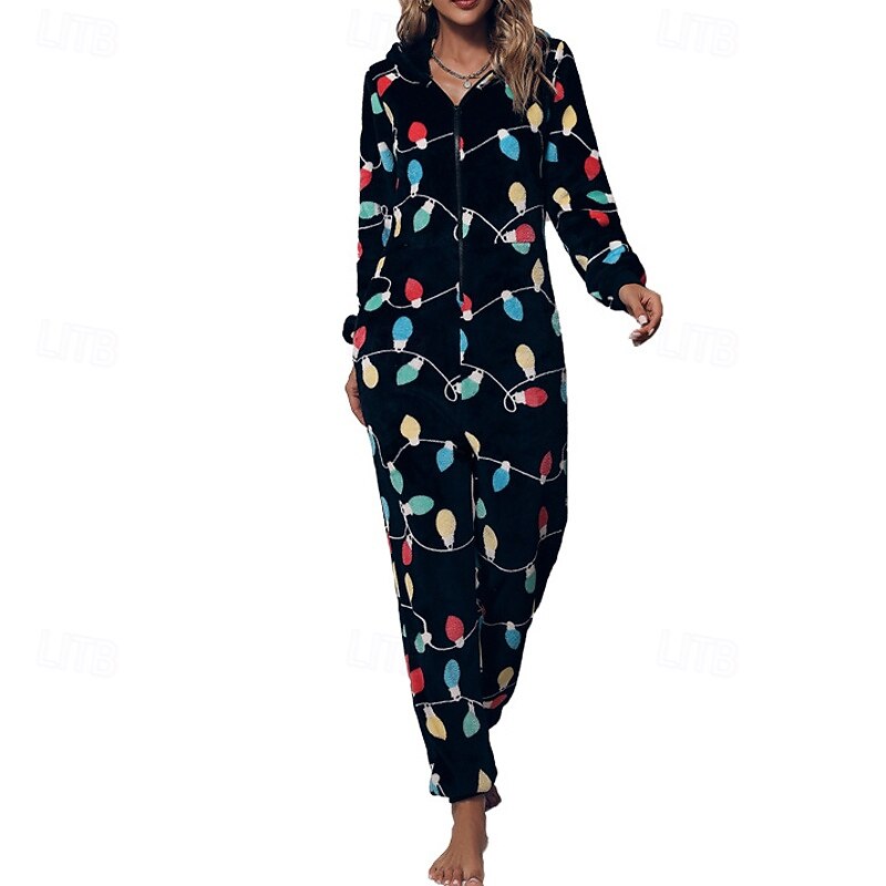 Women's Normal Jumpsuit Streetwear Floral Long Sleeve Hooded Zipper Pocket Christmas Vacation Regular Fit Black Fall4