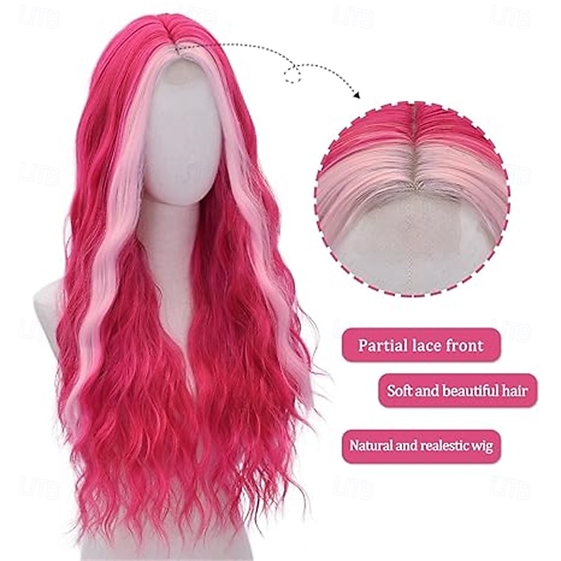 Hot Pink Wig-Long pink Wigs for Women Natural Wavy Synthetic Wig Heat Resistant Fiber Wigs for Daily Party Halloween Cosplay2
