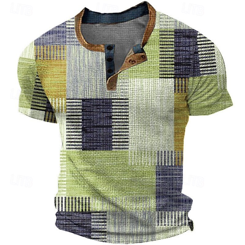 Men's Graphic Plaid / Check Waffle Henley Shirt Short Sleeve 3D Print Fashion Designer Basic Outdoor Daily Summer Yellow Blue Green Gray Henley Henley T-Shirt3