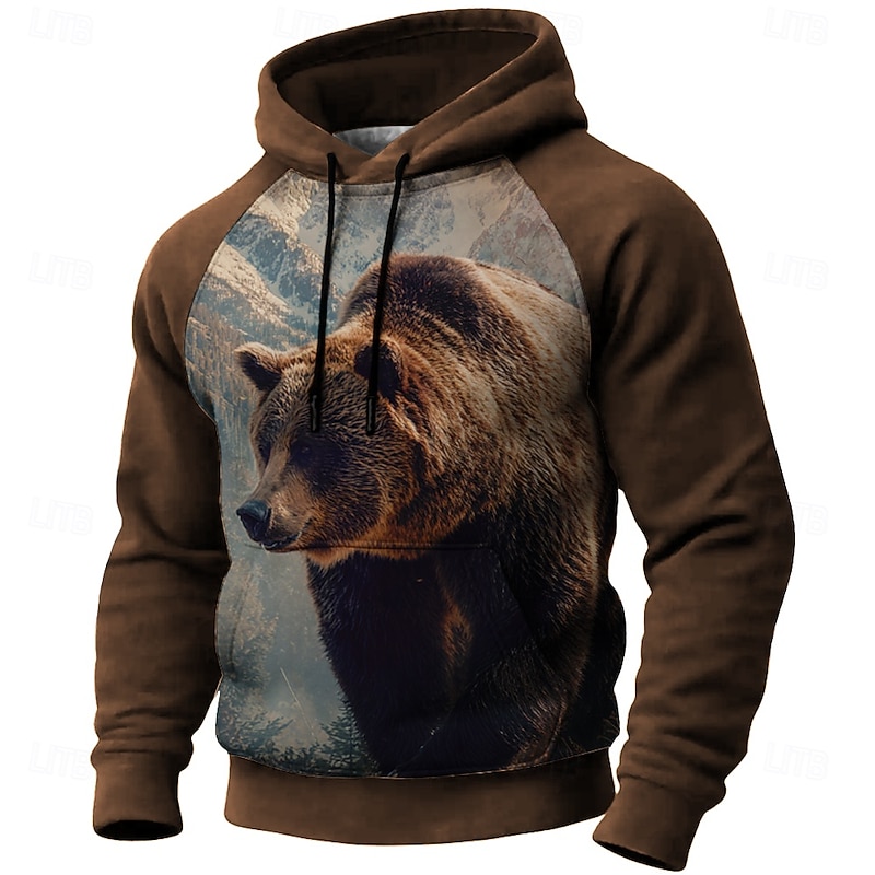 Men's Bear Hoodie Sweatshirt 3D Hunting Hooded Outdoor Sports Outdoor Black Blue Raglan Sleeves Fall Winter Designer