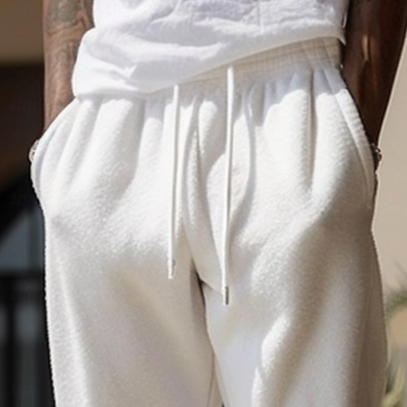 Men's Sweatpants Fleece Pants Wide Leg Sweatpants Athletic Pants Trousers Drawstring Elastic Waist Plain Moisture Wicking Breathable Full Length Sports Outdoor Casual Daily Vacation Fashion White2