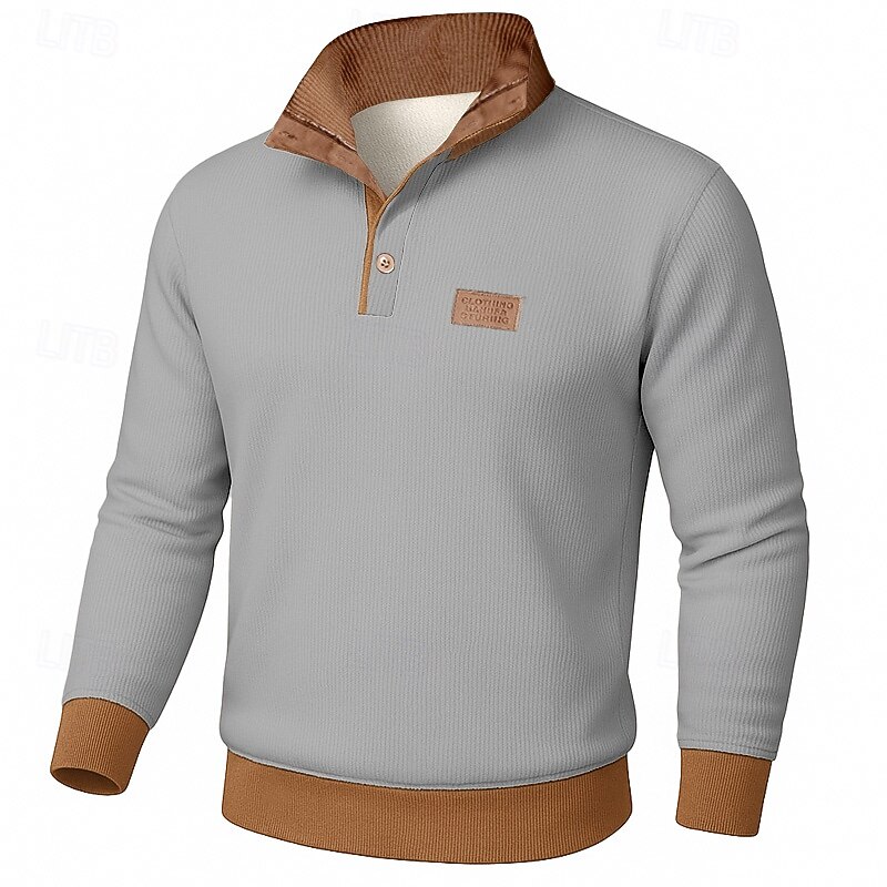 Men's Sweatshirt Corduroy Fleece Sweatshirt Pullover Button Up Hoodie Apricot Black Army Green Navy Blue Blue Standing Collar Plain Patchwork Color Block Textured Sports & Outdoor Casual Daily