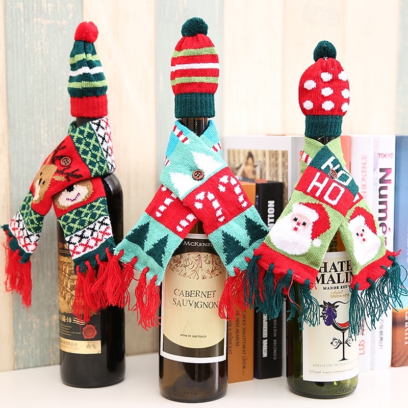 3 Pack Christmas Wine Bottle Decorations, Knit Scarf and Hat Covers, Holiday Red Wine Bottle Accessories, Xmas Champagne Bag Set, Party Table Decorations, Reusable Gift Wrapping Supplies
