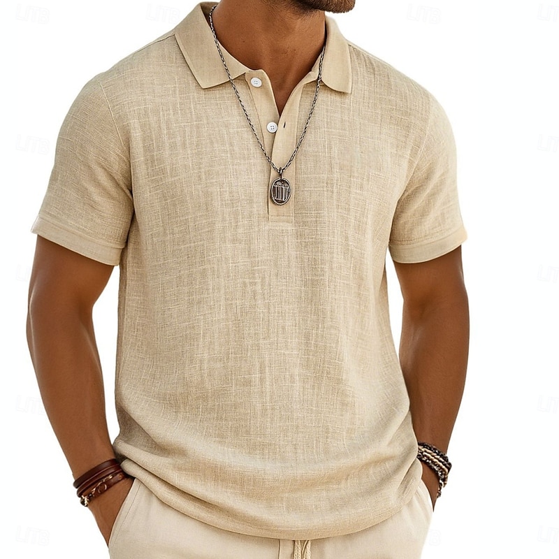 Men's Linen Shirt Polo Shirts Vacation Casual Classic Short Sleeve Fashion Solid Color Buttons Summer Spring Regular Fit Black White Light Green Gray Navy Blue Khaki Linen Shirt4