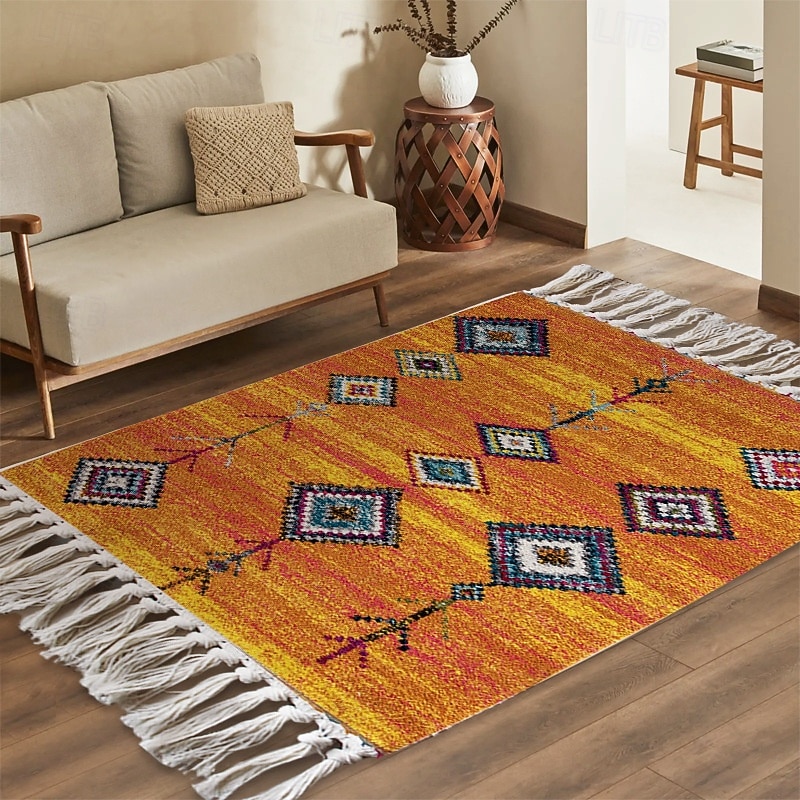 Geometric Woven Rug For Home Minimalist Pattern Dust Resistant Stain Resistant Easy Care Ethnic Style Floor Mat Decorative Area Carpet Living Room Bedroom Guesthouse Mat3