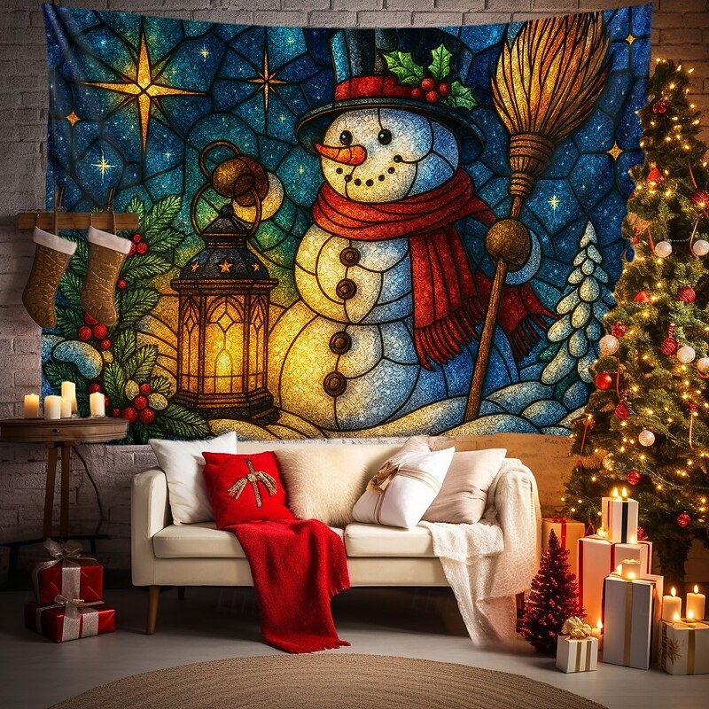 Christmas Wall Tapestry Backdrop, Cute Snowman with Scarf and Gift,2025 Xmas Winter Wonderland Wall Hanging, Festive Holiday for Bedroom Living Room Party Decoration4