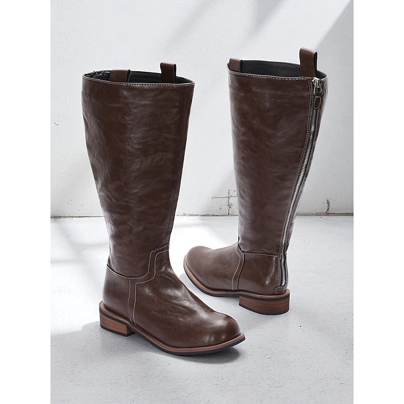 Women's Extra Wide Fit Brown Knee-High Boots with Fur Lining and Zipper Closure, Versatile and Durable Boots for Casual Outfits and Fall & Winter Seasons3