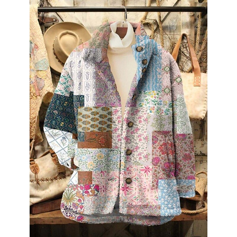 Women's Fleece Jacket Casual Jacket Comfortable Breathable Pocket Print Casual Floral Vacation Street Casual Daily Wear Zipper Regular Turndown Regular Fit Long Sleeve Outerwear Pink Fuchsia Khaki2