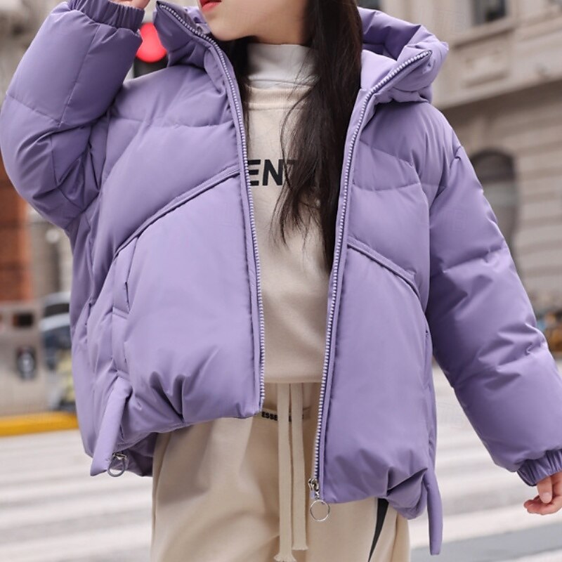 Kids Girls' Down Jacket Outdoor Jacket Puffer Jacket Solid Color Fashion Keep Warm Windproof Outdoor Coat Outerwear 4-12 Years Fall Black Red Purple2