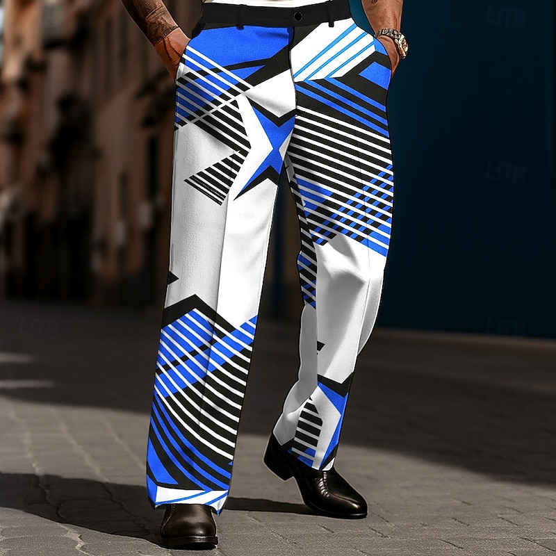 Men's Geometric Color-block Trousers Dress Pants Suit Pants Mid Waist Casual Dailywear Holiday Streetwear Relaxed Fit Flat Front Dress Pants with Side Pockets Spring Fall 3D Print Red Blue Sky Blue