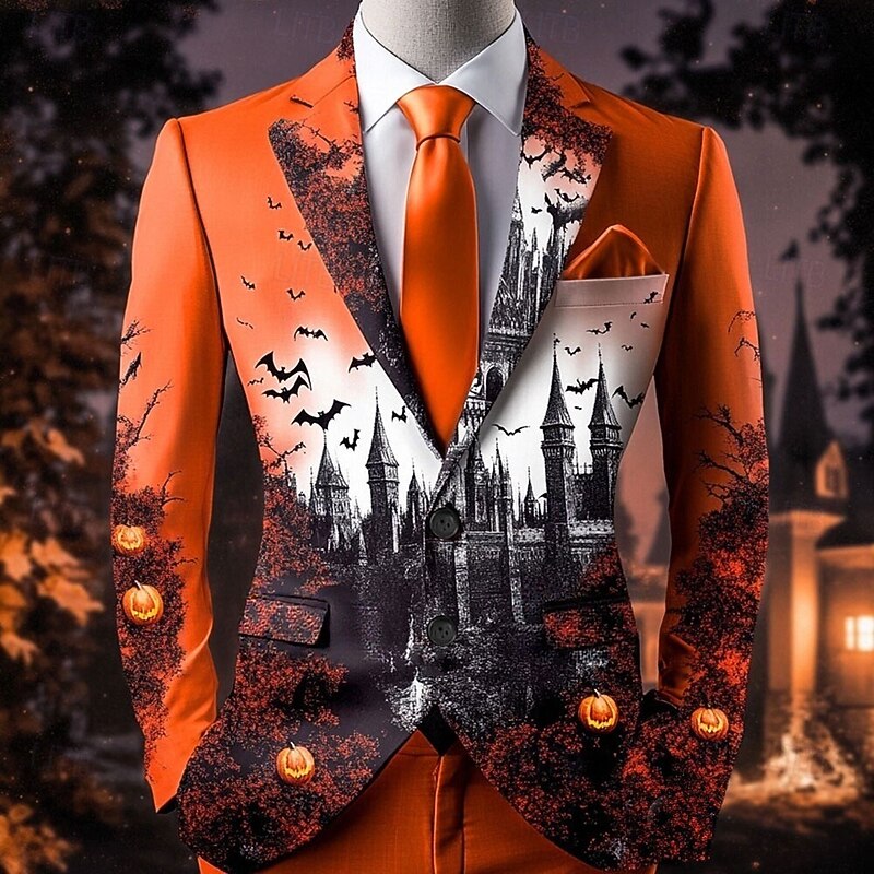 Men's Bat Castle Blazer Jacket Comfortable Artistic Casual Party Evening Wear Daily Festival 3D Print Buttons Multi Pocket Spring Fall & Winter Flat collar Long Sleeve Red Orange Green