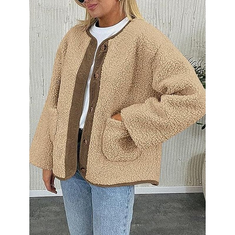 Women's Winter Coat Teddy Coat Comfortable Breathable Pocket Buttons Casual Plain Vacation Street Casual Daily Wear Single Breasted Regular Turndown Loose Fit Long Sleeve Outerwear Black Wine Brown2