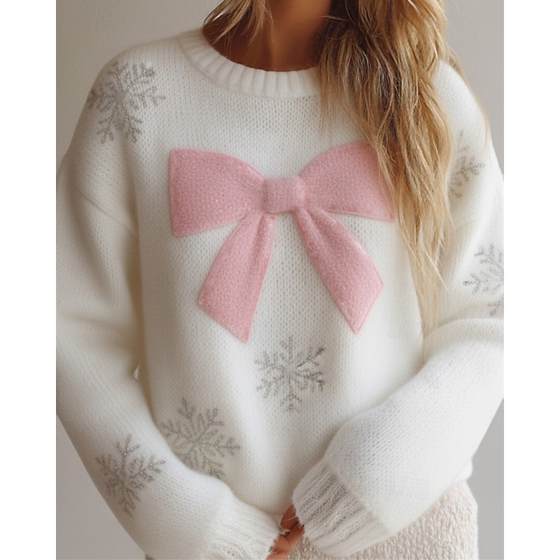 Women's Sweater Pullover Daily Casual Graphic Snowflakes Ribbed Crew Neck Knitted Print Long Sleeve Regular Tops Knit Outdoor Weekend White Fall Winter