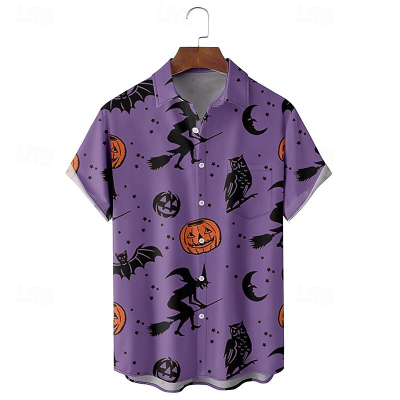 Halloween Men's Witch Lantern Face Shirt Summer Shirt Casual Shirt Short Sleeves Horror Vacation Daily Wear Theme Party Spring & Summer Lapel Print Purple Green Beige