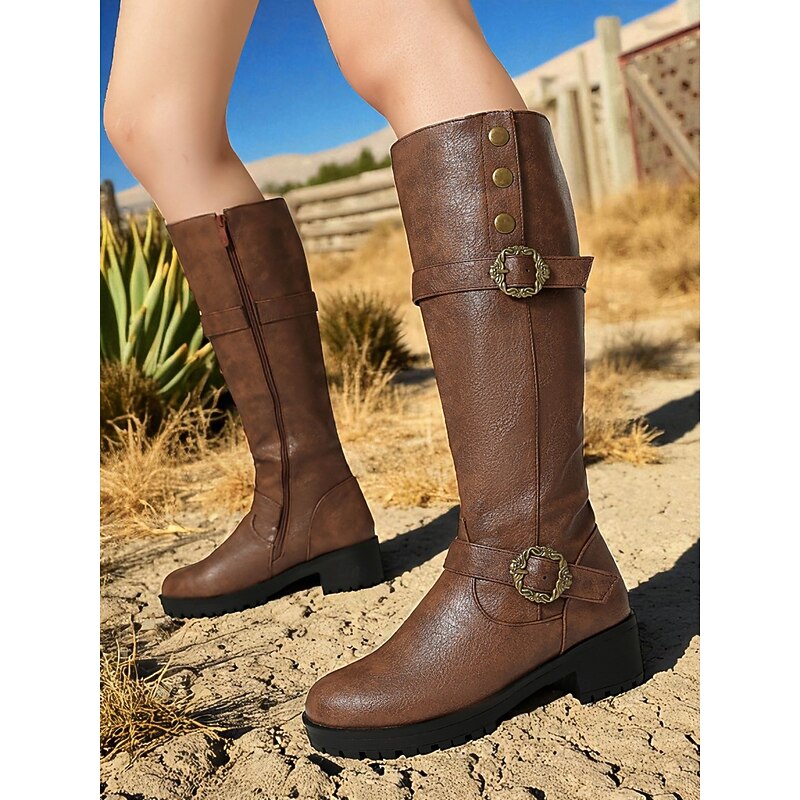 Women's Brown Faux Leather Knee-High Riding Boots with Vintage Buckle and Side Zip - Western Fall Boots for Outdoor Work, Music Festivals and Daily Streetwear2