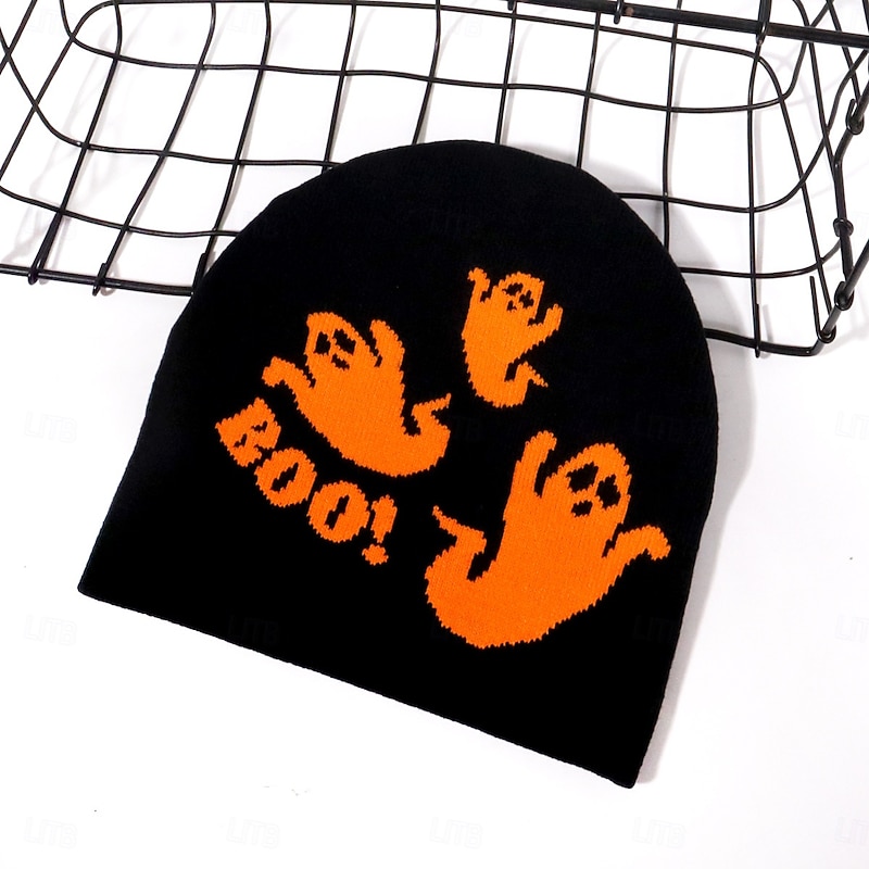Men's Unisex Beanie Hat Winter Hats Beanies Knit Hat Winter Beanie Black / Orange Wine Acrylic Fibers Jacquard Knitted Cozy Halloween Daily Wear Festival Ghost Letter Warm3
