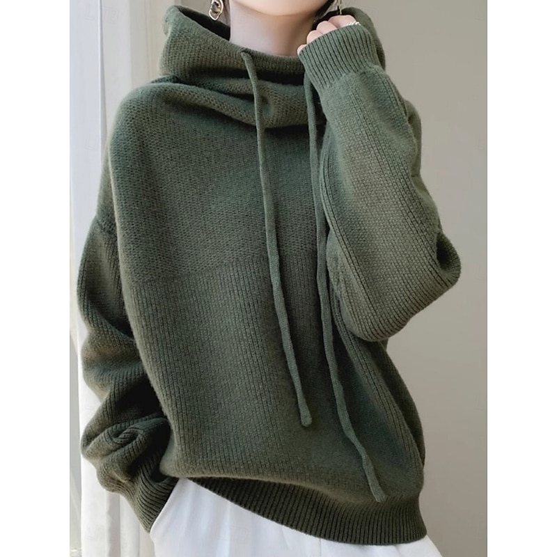 Women's Sweater Casual Soft Pure Color Ribbed Hooded Knitted Hooded Long Sleeve Regular Tops Knit Outdoor Daily Weekend Navy Blue Blue Fall Winter