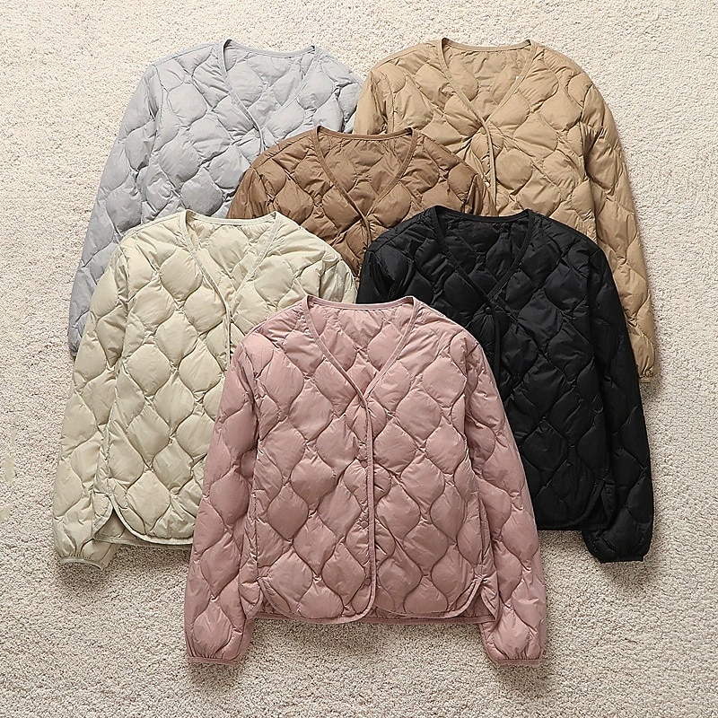 Women's Puffer Jacket Quilted Jacket Casual Jacket Comfortable Breathable Pocket Buttons Casual Plain Vacation Street Daily Wear Going out Single Breasted Regular Collarless Regular Fit Long Sleeve