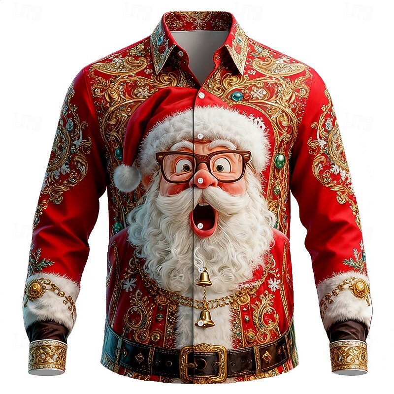 Christmas Men's Santa Claus Christmas Tree Human face Shirt Button Up Shirt Long Sleeve Funny Outdoor Holiday Spring Fall Turndown 3D Print Collared Shirts Red 1 Red Blue3